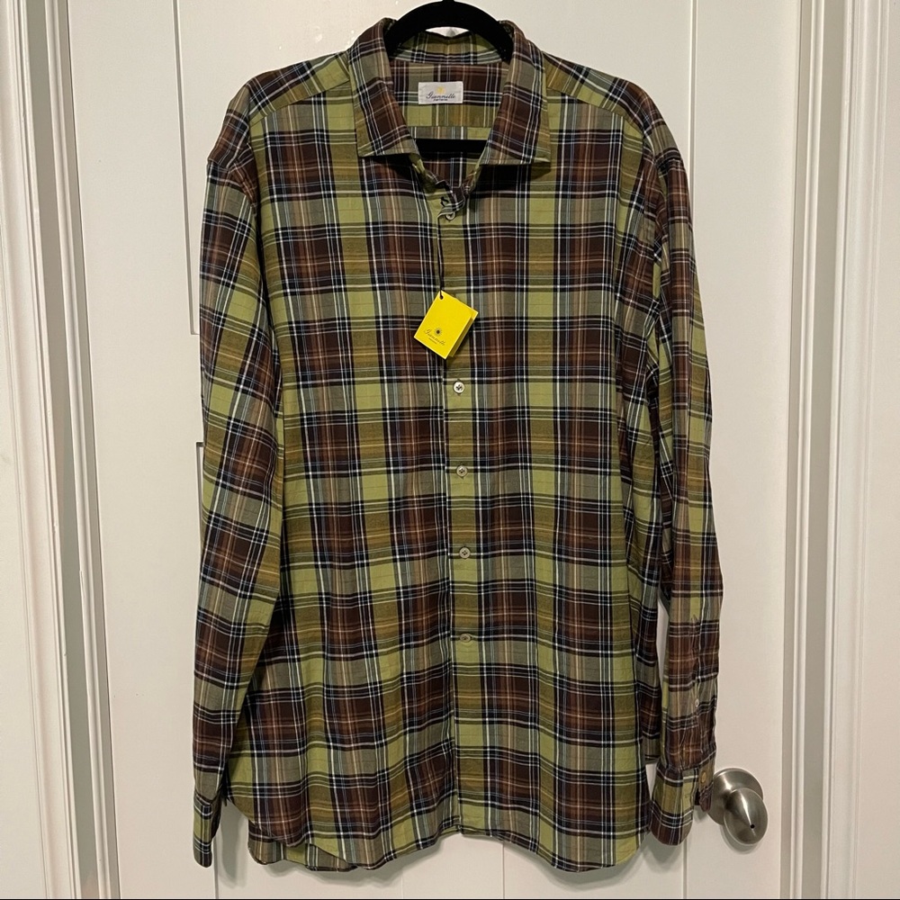 NWT giannetto size XXL green and brown plaid flannel button up shirt!
